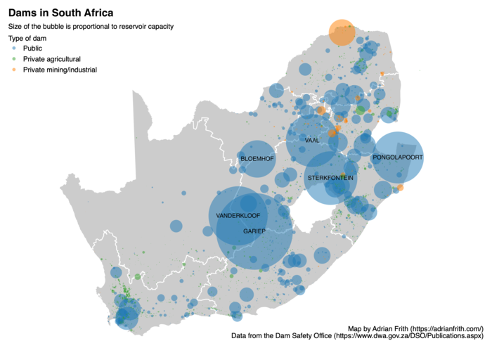 Map showing the capacity of South Africa's dams as circles sized proportionally.