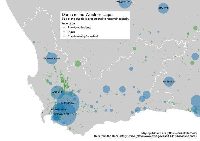 Map showing the capacity of the Western Cape's dams as circles sized proportionally.