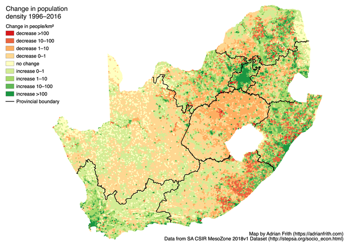 Map showing the change in population density in South Africa from 1996 to 2016 according to CSIR Mesozone.