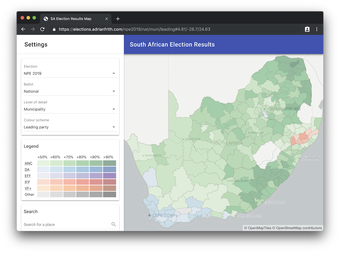 A screenshot of a site titled 'South African Election Results' and showing the results of the 2019 election by ward.